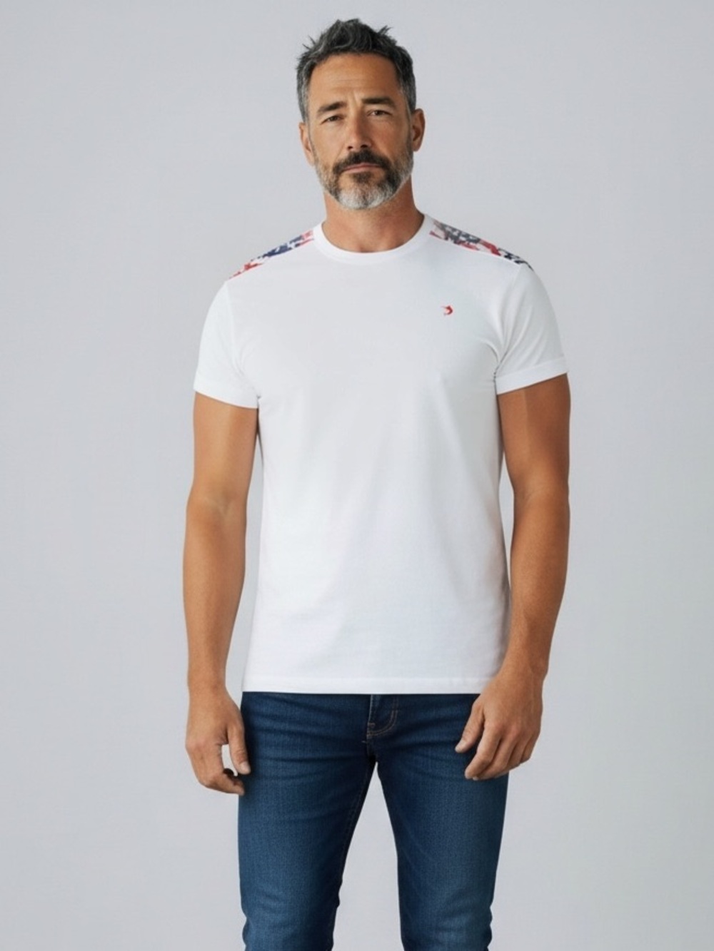 REEL Legends Men’s White Crewneck T-Shirt – Patriotic Shoulder Accent – Size XL